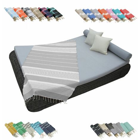 Véritable fouta Tunisienne 1m x 2m tissage à plat ou nid d'abeille 100% coton 380g - Gris clair et blanc - Vivezen