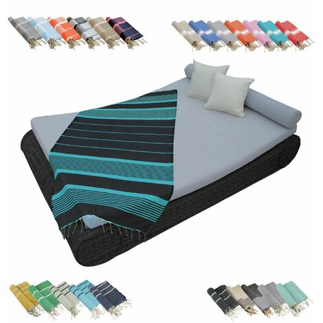 Véritable fouta Tunisienne 1m x 2m tissage à plat ou nid d'abeille 100% coton 380g - Gris foncé et bleu- Vivezen