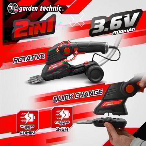 Cisaille - taille haies 3.6V lithium + manche - Batterie et cble de chargement fournis - Elem Garden