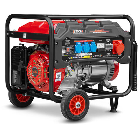 Brick – Groupe électrogène 6000W avec roues – 3 prises 230V + 1 prise triphasée 400V – Moteur 14Hp – Autonomie 8h – Châssis antivibrations