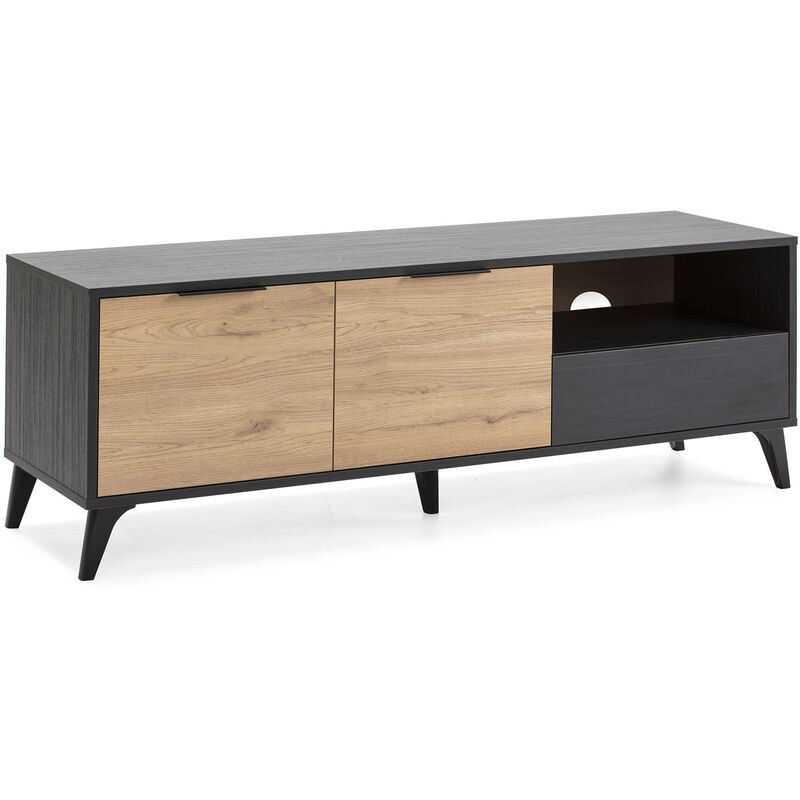 Mueble TV OSAKA 2 Puertas y 1 cajón. Color Negro Cepillado y Madera. 136.5 cm (Ancho) 40 cm (Profundo) 48.5 cm (Altura)