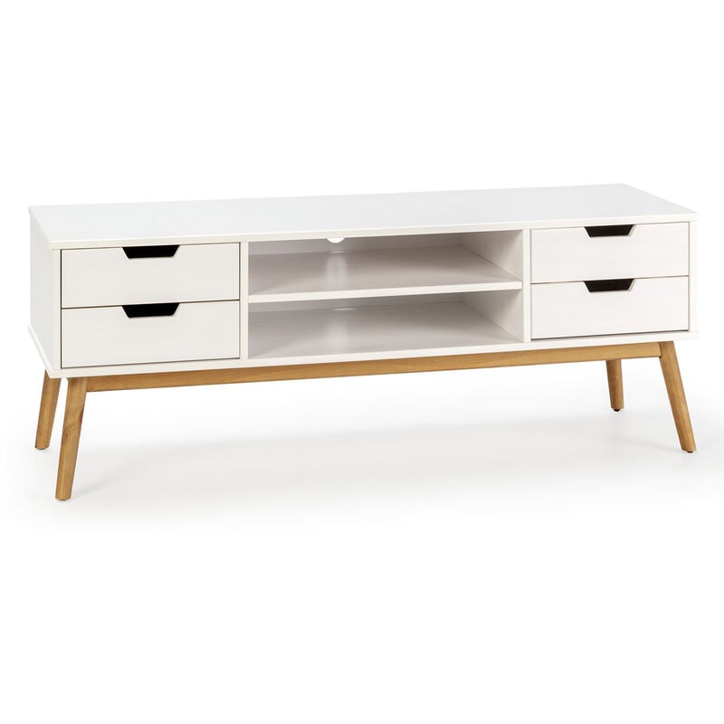 Mueble tv Baku 1 puerta y 2 cajones blanco, madera maciza, 140 cm