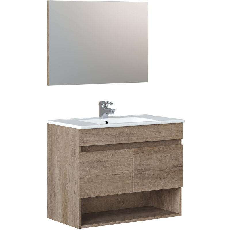 Mueble de baño suspendido Clara 2 puertas, espejo y lavabo PMMA, Color Nordik