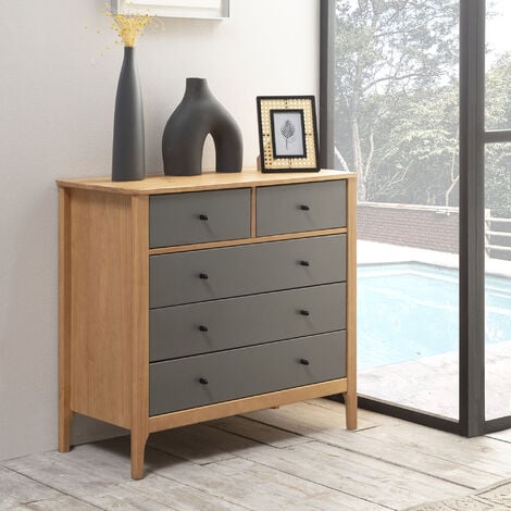 Cómoda de Noche Luca 5 cajones Roble, Madera Maciza, 90 cm (Ancho) 40 cm (Profundo) 82 cm (Altura)