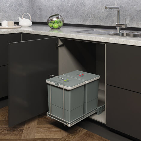 Hobag – Poubelle coulissante 2 seaux 48L – Sortie totale – Décor gris 7012 – Pour caisson largeur 400 mm – Vendu à l'unité