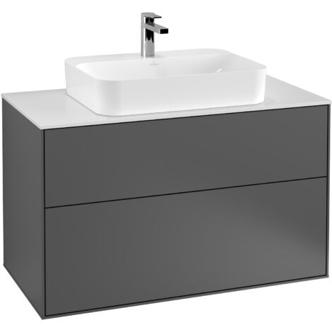 Finion, Mobili lavabo, 1000 x 603 x 501 mm, Angolare, con applique, modello sospeso, In legno, lavabo centrale, illuminazione LED, 2x LED / 4.2W, da 2700 K a 6480 K, Laccato Bianco Lucido (1/5)