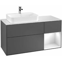 Finion, Mobili lavabo, 1200 x 603 x 501 mm, Angolare, con scaffale (illuminato), modello sospeso, In legno, lavabo a sinistra, illuminazione LED, 1x LED / 2,3W, da 2700 K a 6480 K, Laccato Bianco Luci