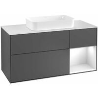 Finion, Mobili lavabo, 1200 x 603 x 501 mm, Angolare, con scaffale (illuminato), modello sospeso, In legno, lavabo centrale, illuminazione LED, 1x LED / 2,3W, da 2700 K a 6480 K, Laccato Bianco Lucido