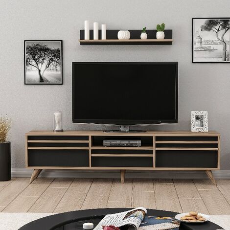meuble tv hira moderne avec portes etageres pour salon noyer noir en bois 180 x 35 x 48 cm