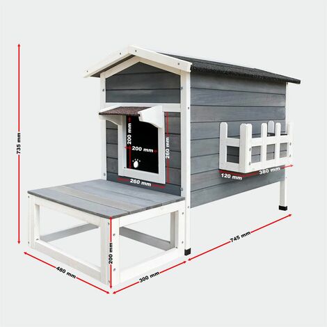 77 x 50 x 73 cm Gris/Blanc dibea Maison/Lodge Cabane en Bois avec Terrasse pour Chat