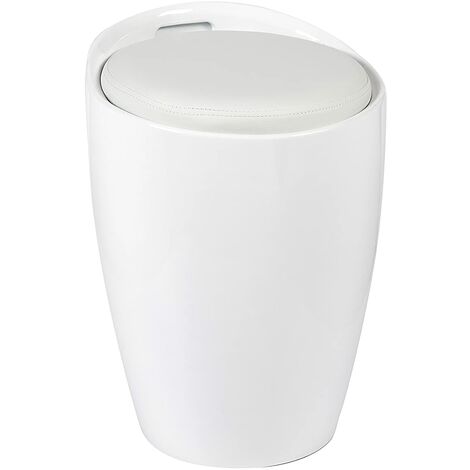Gloss ABS Faux Leather Seat Kitchen Bathroom Storage Ottoman Stool - White