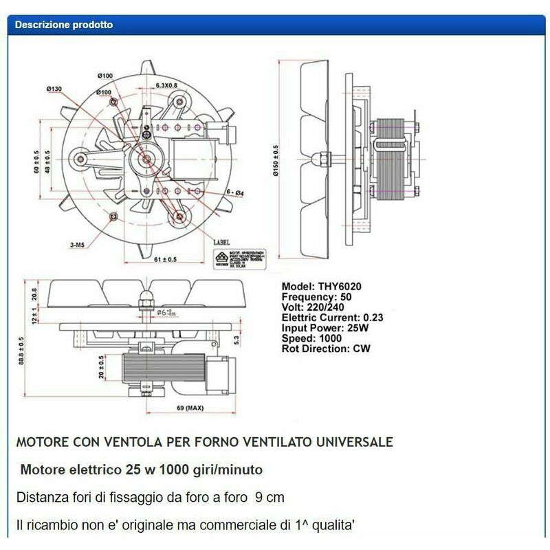 CU1 MOTORE CON VENTOLA PER FORNO VENTILATO UNIVERSALE 220 VOLT 20 WATT