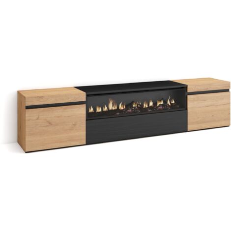 Skraut Home - TV-Schrank, Lowboard, für Wohnzimmer und Esszimmer, 200x45x35cm, Für TV-Geräte bis zu 80", Elektrokamin. Maße, Moderner Stil, Eiche Schwarz