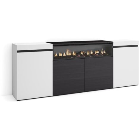 Skraut Home - Sideboard, Highboard, Kommode, Komodenschrank, 200x75x35cm, 4 Türen, Elektrokamin. Maße, Moderner Stil, Weiß und Schwarz