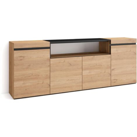 Skraut Home - Sideboard, Highboard, Kommode, Komodenschrank, 200x75x35cm, 4 Türen, Wohnzimmer, Küche, Moderner Stil, Eiche Schwarz