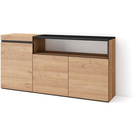 Skraut Home - Sideboard, Highboard, Kommode, Komodenschrank, 150x75x35cm, 3 Türen, Wohnzimmer, Küche, Moderner Stil, Eiche Schwarz