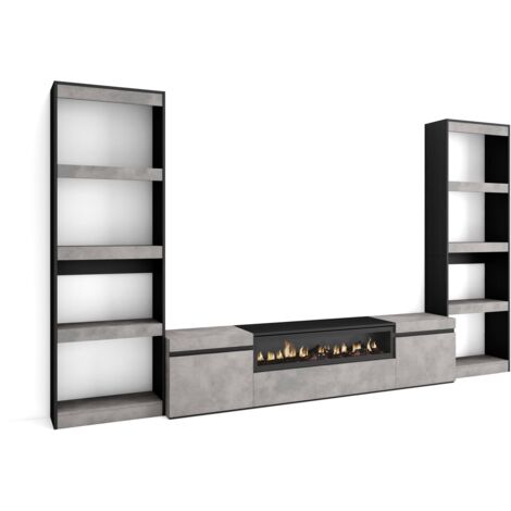 Skraut Home - Wohnwand Wohnzimmer, Wohnzimmermöbel, Möbelset, 320x186x35cm, Für TV-Geräte bis zu 80", Elektrokamin. Maße, Moderner Stil, Zementgrau