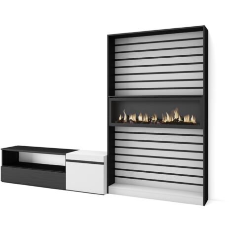 Skraut Home - Wohnwand Wohnzimmer, Wohnzimmermöbel, Möbelset, 260x186x35cm, Für TV-Geräte bis zu 65", Elektrokamin. Maße, Moderner Stil, Weiß und Schwarz