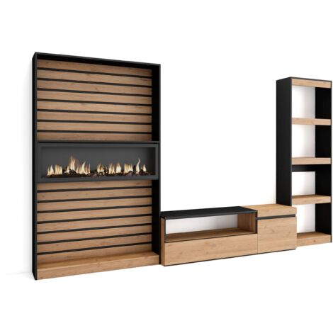 Skraut Home - Wohnwand Wohnzimmer, Wohnzimmermöbel, Möbelset, 320x186x35cm, Elektrokamin. Maße, Moderner Stil, Eiche Schwarz