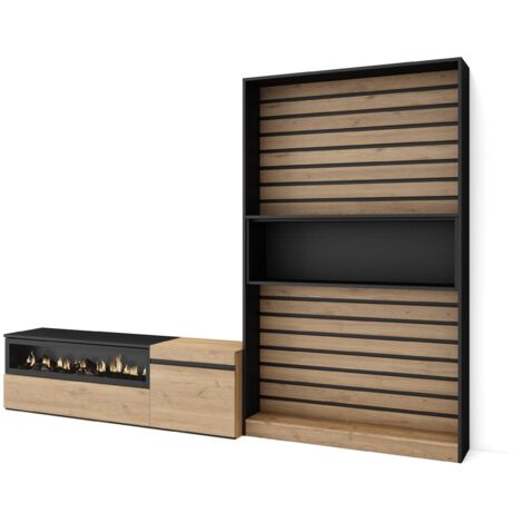 Skraut Home - Wohnwand Wohnzimmer, Wohnzimmermöbel, Möbelset, 260x186x35cm, Für TV-Geräte bis zu 65", Elektrokamin. Maße, Moderner Stil, Eiche Schwarz (1/5)
