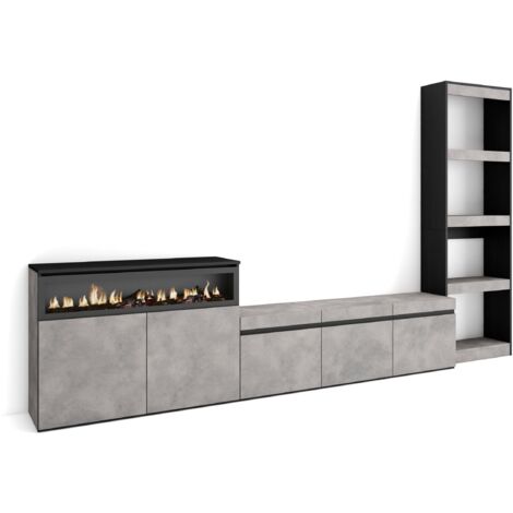 Skraut Home - Wohnwand Wohnzimmer, Wohnzimmermöbel, Möbelset, 310x186x35cm, Für TV-Geräte bis zu 65", Elektrokamin. , Moderner Stil, Zementgrau