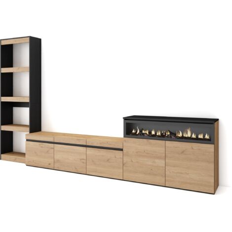 Skraut Home - Wohnwand Wohnzimmer, Wohnzimmermöbel, Möbelset, 310x186x35cm, Für TV-Geräte bis zu 65", Elektrokamin. , Moderner Stil, Eiche Schwarz