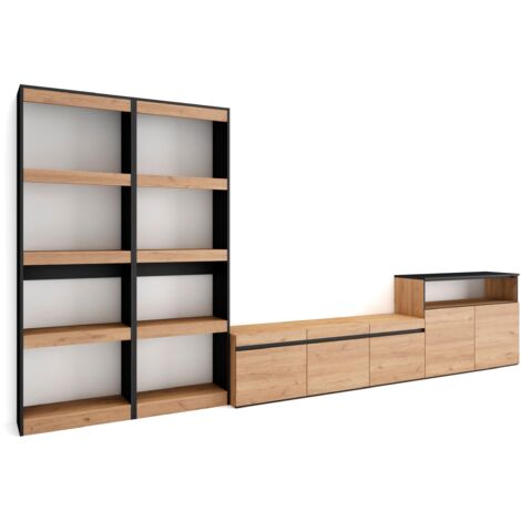 Skraut Home - Wohnwand Wohnzimmer, Wohnzimmermöbel, Möbelset, 370x186x35cm, Für TV-Geräte bis zu 65", Wohnzimmer Möbel , Moderner Stil, Eiche Schwarz (1/5)