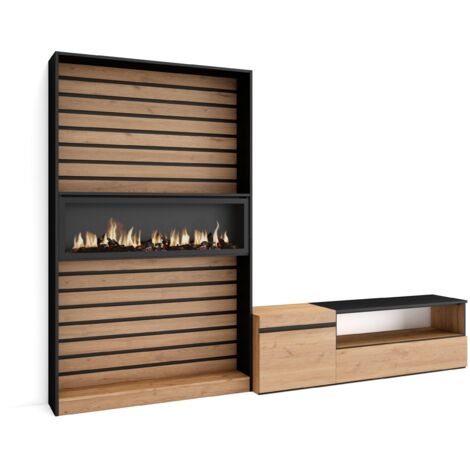 Skraut Home - Wohnwand Wohnzimmer, Wohnzimmermöbel, Möbelset, 260x186x35cm, Für TV-Geräte bis zu 65", Elektrokamin, Moderner Stil, Eiche Schwarz