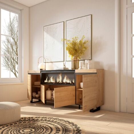 Skraut Home - Sideboard, Highboard, Kommode, Komodenschrank, 210, 4 Türen, Elektrokamin XXL, Industriedesign, Moderner Stil, Eiche