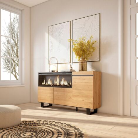 Skraut Home Dressoirs voor de woonkamer, grote opbergruimte, 150 x 87 x 35 cm, 3 deuren, elektrische open haard, industrieel design, moderne stijl, eiken en zwart