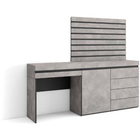 Skraut Home - Schminktisch, Frisiertisch mit Stauraum, 177x145x35 cm, mit Schublade, Kommode mit Schubladen, Lamellenwand Holz, Moderner Stil, Zementgrau