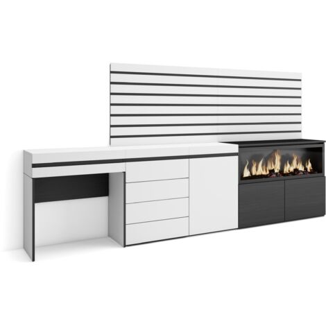 Skraut Home - Schminktisch, Frisiertisch mit Stauraum, 284x145x35 cm, mit Schublade, Elektrokamin XXL, Kommode mit Schubladen, Lamellenwand Holz, Moderner Stil, Weiß (1/5)