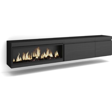 Skraut Home - TV-Schrank, Lowboard, für Wohnzimmer und Esszimmer, 237x45x35 cm, Für großformatiges TV, Elektrokamin XXL, Hängend, Moderner Stil, Schwarz