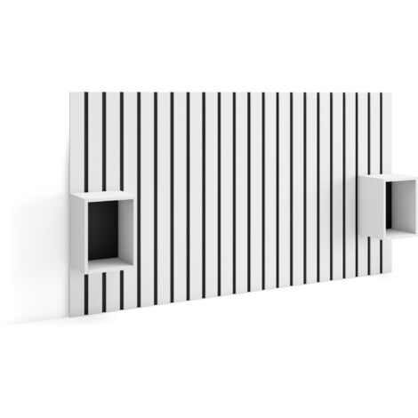 Skraut Home - Kopfteil, Nachttischen - Lamellenwand Holz - 196x3x107 cm - 120,135,140 cm Bett - Stauraum - Moderner Stil - Weiß