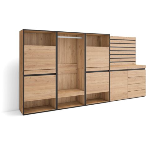 Skraut Home - Schuhregal, Schuhschrank, Schuhaufbewahrung, 287x145x35 cm, Für Schlafzimmer, Zimmer, Offener Kleiderschrank, Kommode mit Schubladen, Lamellenwand Holz, Moderner Stil, Eiche (1/5)