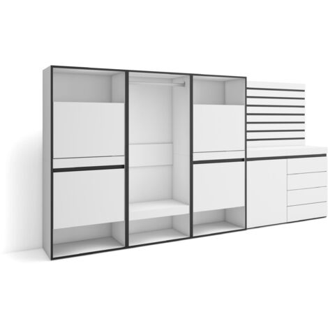 Skraut Home - Schuhregal, Schuhschrank, Schuhaufbewahrung, 287x145x35 cm, Für Schlafzimmer, Zimmer, Offener Kleiderschrank, Kommode mit Schubladen, Lamellenwand Holz, Moderner Stil, Weiß (1/5)