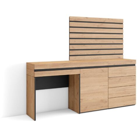 Skraut Home - Schminktisch, Frisiertisch mit Stauraum, 177x145x35 cm, mit Schublade, Kommode mit Schubladen, Lamellenwand Holz, Moderner Stil, Eiche
