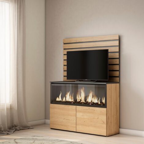 Skraut Home - Sideboard, Kommode, Aufbewahrungsschrank, 107x145x35 cm, Für Schlafzimmer, Zimmer, Elektrokamin XXL, Moderner Stil, Eiche