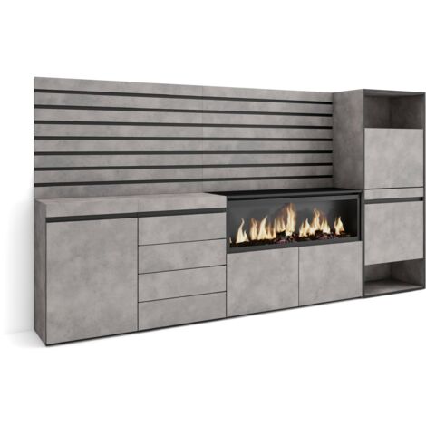 Skraut Home - Sideboard, Kommode, Aufbewahrungsschrank, 274x145x35 cm, Für Schlafzimmer, Zimmer, Elektrokamin XXL, Kommode mit Schubladen, Schuhschrank, Moderner Stil, Zementgrau