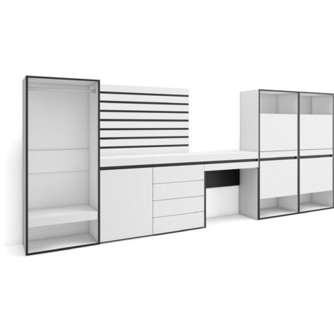 Skraut Home - Schuhregal, Schuhschrank, Schuhaufbewahrung, 357x145x35 cm, Für Schlafzimmer, Zimmer, Offener Kleiderschrank, Kommode mit Schubladen, Lamellenwand Holz, Schminktisch, Moderner Stil, Weiß (1/5)