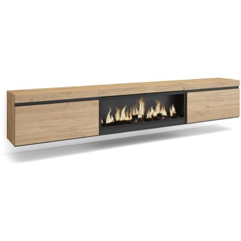 Skraut Home - TV-Schrank, Lowboard, für Wohnzimmer und Esszimmer, 267x45x35 cm, Für großformatiges TV, Elektrokamin XXL, Hängend, Moderner Stil, Eiche