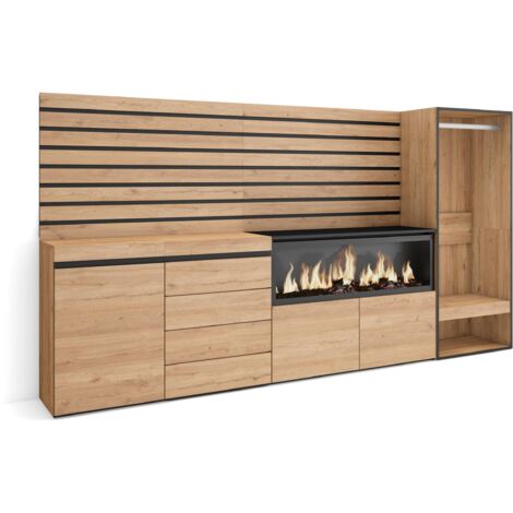 Skraut Home - Sideboard, Kommode, Aufbewahrungsschrank, 274x145x35 cm, Für Schlafzimmer, Zimmer, Elektrokamin XXL, Kommode mit Schubladen, Offener Kleiderschrank, Moderner Stil, Eiche