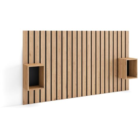 Skraut Home - Kopfteil, Nachttischen - Lamellenwand Holz - 196x3x107 cm - 120,135,140 cm Bett - Stauraum - Moderner Stil - Eiche