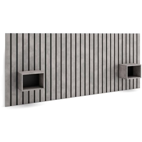 Skraut Home - Kopfteil, Nachttischen - Lamellenwand Holz - 258x3x107 cm - 150,160,180 cm Bett - Stauraum - Moderner Stil - Zement