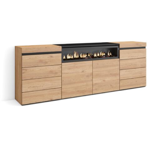 Skraut Home - Kommode mit Schubladen, Aufbewahrungsschrank, 214x75x35 cm, Für Schlafzimmer, Zimmer, Elektrokamin., Moderner Stil, Eiche