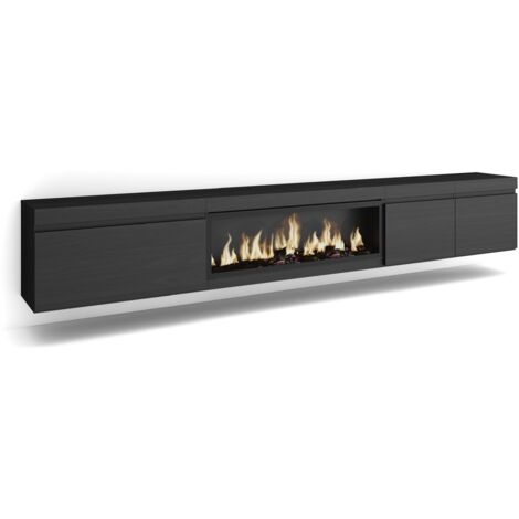 Skraut Home - TV-Schrank, Lowboard, für Wohnzimmer und Esszimmer, 288x45x35 cm, Für großformatiges TV, Elektrokamin XXL, Hängend, Moderner Stil, Schwarz