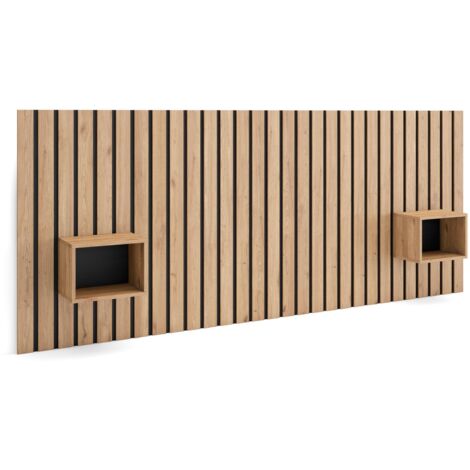 Skraut Home - Kopfteil, Nachttischen - Lamellenwand Holz - 258x3x107 cm - 150,160,180 cm Bett - Stauraum - Moderner Stil - Eiche
