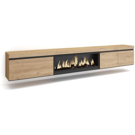 Skraut Home - TV-Schrank, Lowboard, für Wohnzimmer und Esszimmer, 288x45x35 cm, Für großformatiges TV, Elektrokamin XXL, Hängend, Moderner Stil, Eiche