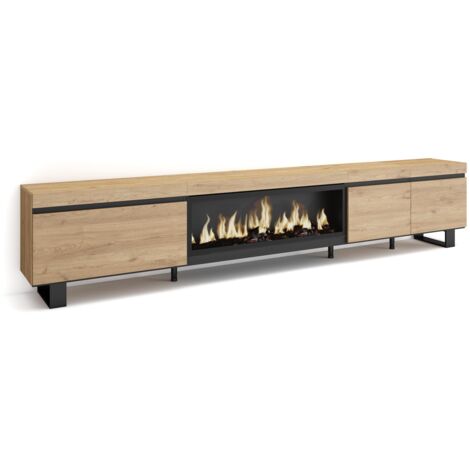 Skraut Home - TV-Schrank, Lowboard, für Wohnzimmer und Esszimmer, 288x57x35 cm, Für großformatiges TV, Elektrokamin XXL, Industriedesign, Moderner Stil, Eiche