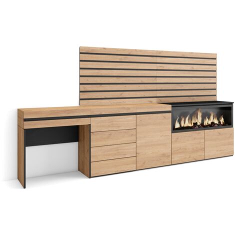 Skraut Home - Schminktisch, Frisiertisch mit Stauraum, 284x145x35 cm, mit Schublade, Elektrokamin XXL, Kommode mit Schubladen, Lamellenwand Holz, Moderner Stil, Eiche
